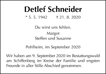 Traueranzeige von Detlef Schneider von Giessener Allgemeine, Alsfelder Allgemeine