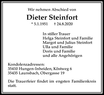 Traueranzeige von Dieter Steinfort von Licher Wochenblatt