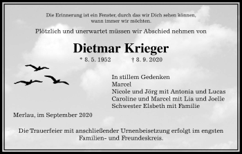 Traueranzeige von Dietmar Krieger von Alsfelder Allgemeine