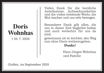 Traueranzeige von Doris Wohnhas von Giessener Allgemeine, Alsfelder Allgemeine