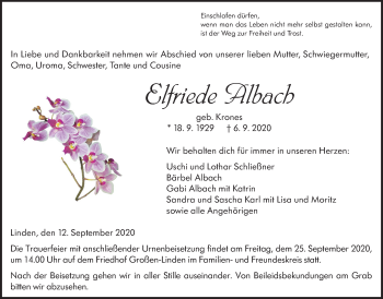 Traueranzeige von Elfriede Albach von Giessener Allgemeine, Alsfelder Allgemeine