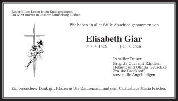 Traueranzeige von Elisabeth Giar von Giessener Allgemeine, Alsfelder Allgemeine