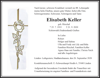 Traueranzeige von Elisabeth Keller von Alsfelder Allgemeine