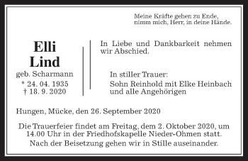 Traueranzeige von Elli Lind von Giessener Allgemeine, Alsfelder Allgemeine