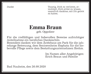 Traueranzeige von Emma Braun von Wetterauer Zeitung