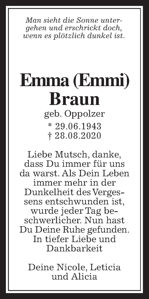  Traueranzeige für Emma Braun vom 05.09.2020 aus Wetterauer Zeitung