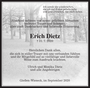 Traueranzeige von Erich Dietz von Giessener Allgemeine, Alsfelder Allgemeine
