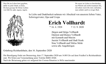 Traueranzeige von Erich Vollhardt von Giessener Allgemeine, Alsfelder Allgemeine