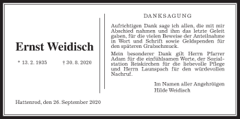 Traueranzeige von Ernst Weidisch von Giessener Allgemeine, Alsfelder Allgemeine