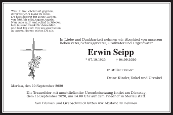 Traueranzeige von Erwin Seipp von Giessener Allgemeine, Alsfelder Allgemeine