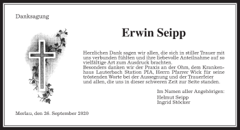 Traueranzeige von Erwin Seipp von Giessener Allgemeine, Alsfelder Allgemeine