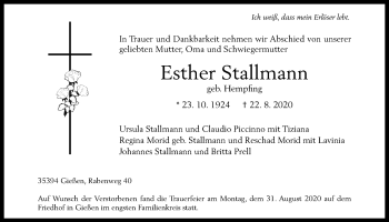 Traueranzeige von Esther Stallmann von Giessener Allgemeine, Alsfelder Allgemeine
