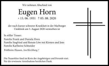 Traueranzeige von Eugen Horn von Pohlheimer Nachrichten