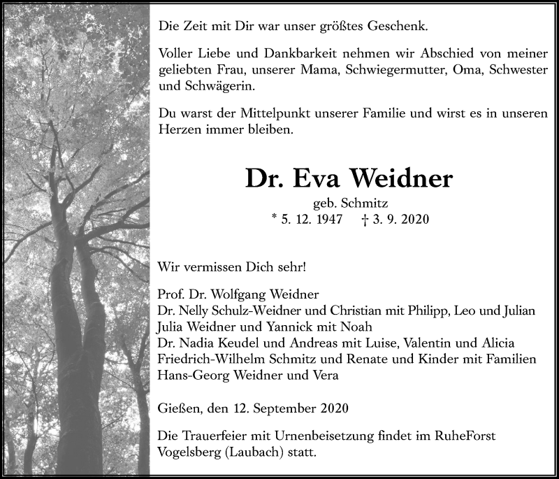 Traueranzeige für Eva Weidner vom 12.09.2020 aus Giessener Allgemeine, Alsfelder Allgemeine