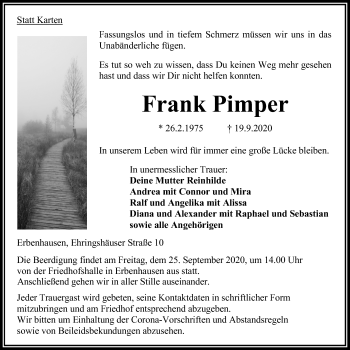 Traueranzeige von Frank Pimper von Alsfelder Allgemeine