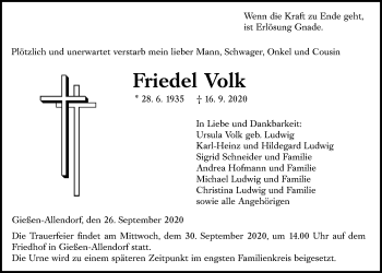 Traueranzeige von Friedel Volk von Giessener Allgemeine, Alsfelder Allgemeine