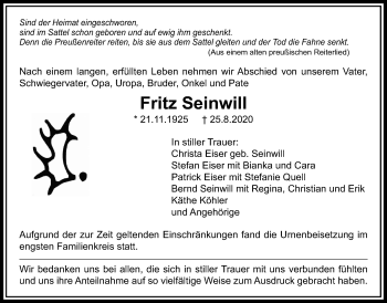 Traueranzeige von Fritz Seinwill von Licher Wochenblatt