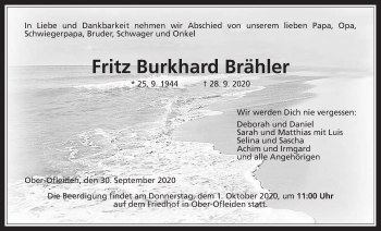 Traueranzeige von Fritz Burkhard Brähler von Alsfelder Allgemeine