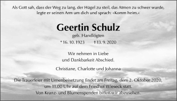 Traueranzeige von Geertin Schulz von Giessener Allgemeine, Alsfelder Allgemeine