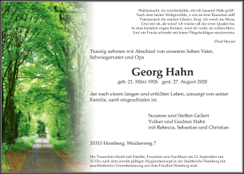Traueranzeige von Georg Hahn von Alsfelder Allgemeine
