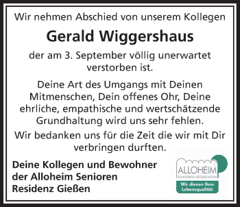 Traueranzeige von Gerald Wiggershaus von Giessener Allgemeine, Alsfelder Allgemeine