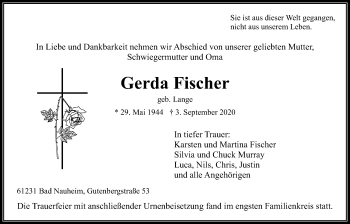 Traueranzeige von Gerda Fischer von Wetterauer Zeitung
