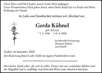 Traueranzeige von Gerda Kühnel von Giessener Allgemeine, Alsfelder Allgemeine