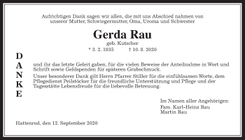 Traueranzeige von Gerda Rau Rau von Giessener Allgemeine, Alsfelder Allgemeine