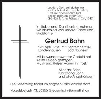 Traueranzeige von Gertrud Bohn von Wetterauer Zeitung