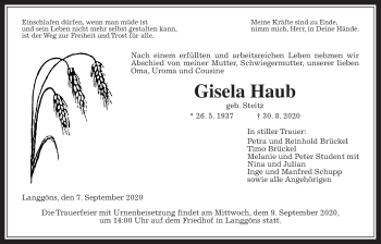 Traueranzeige von Gisela Haub von Giessener Allgemeine, Alsfelder Allgemeine