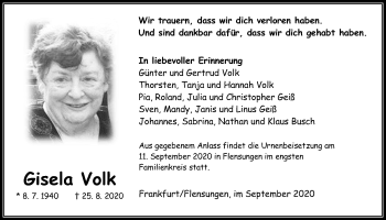 Traueranzeige von Gisela Volk von Mücker Stimme, Heimatzeitung Grünberg + Laubach