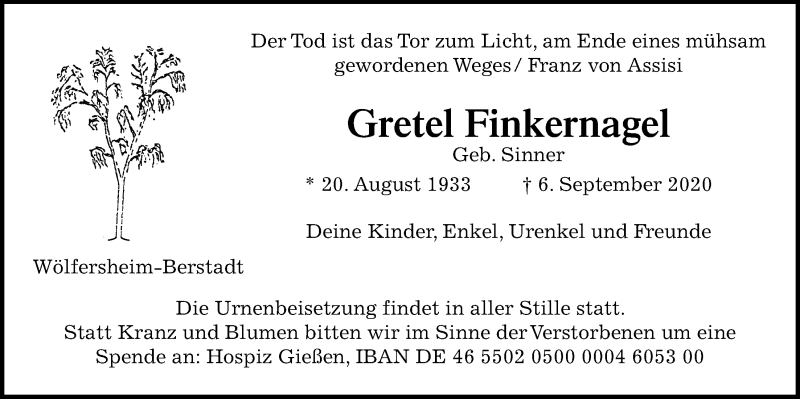  Traueranzeige für Gretel Finkernagel vom 09.09.2020 aus Wetterauer Zeitung