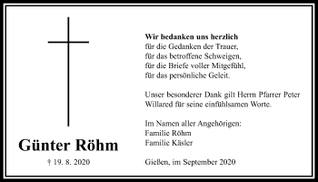 Traueranzeige von Günter Röhm von Giessener Allgemeine, Alsfelder Allgemeine