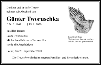 Traueranzeige von Günter Tworuschka von Giessener Allgemeine, Alsfelder Allgemeine