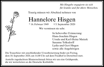 Traueranzeige von Hannelore Hisgen von Bad Vilbel/Karben