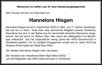 Traueranzeige von Hannelore Hisgen von Bad Vilbel/Karben