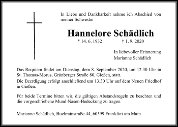 Traueranzeige von Hannelore Schädlich von Giessener Allgemeine, Alsfelder Allgemeine