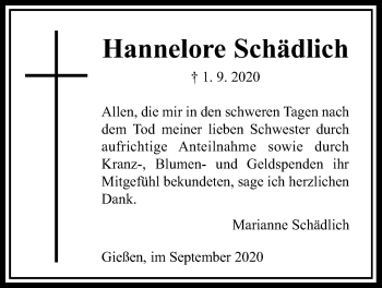 Traueranzeige von Hannelore Schädlich von Giessener Allgemeine, Alsfelder Allgemeine