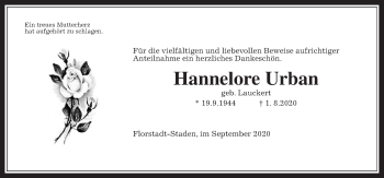 Traueranzeige von Hannelore Urban von Wetterauer Zeitung