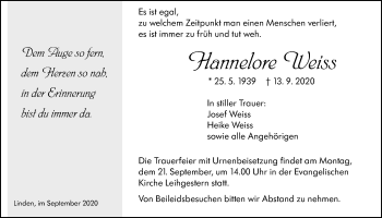 Traueranzeige von Hannelore Weiss von Giessener Allgemeine, Alsfelder Allgemeine