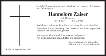 Traueranzeige von Hannelore Zaiser von Wetterauer Zeitung