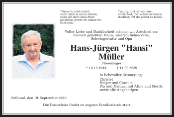 Traueranzeige von Hans-Jürgen Müller von Giessener Allgemeine, Alsfelder Allgemeine
