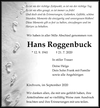 Traueranzeige von Hans Roggenbuck von Giessener Allgemeine, Alsfelder Allgemeine