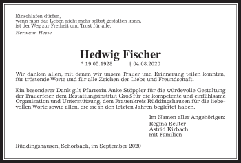 Traueranzeige von Hedwig Fischer von Rabenauer Zeitung