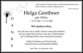 Traueranzeige von Helga Genthner von Bad Vilbel/Karben