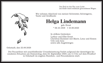 Traueranzeige von Helga Lindemann von Wetterauer Zeitung