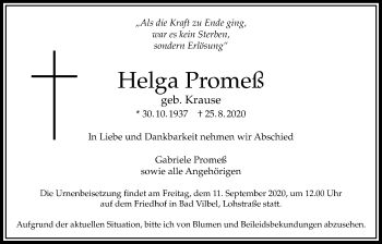 Traueranzeige von Helga Promeß von Bad Vilbel/Karben