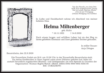 Traueranzeige von Helma Miltenberg von Wetterauer Zeitung
