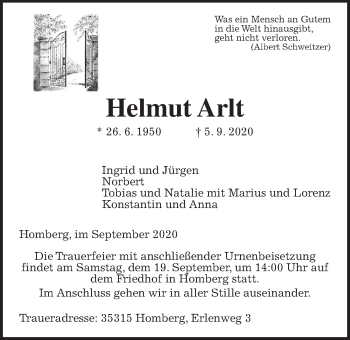 Traueranzeige von Helmut Arlt von Alsfelder Allgemeine