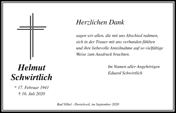 Traueranzeige von Helmut Schwirtlich von Bad Vilbel/Karben